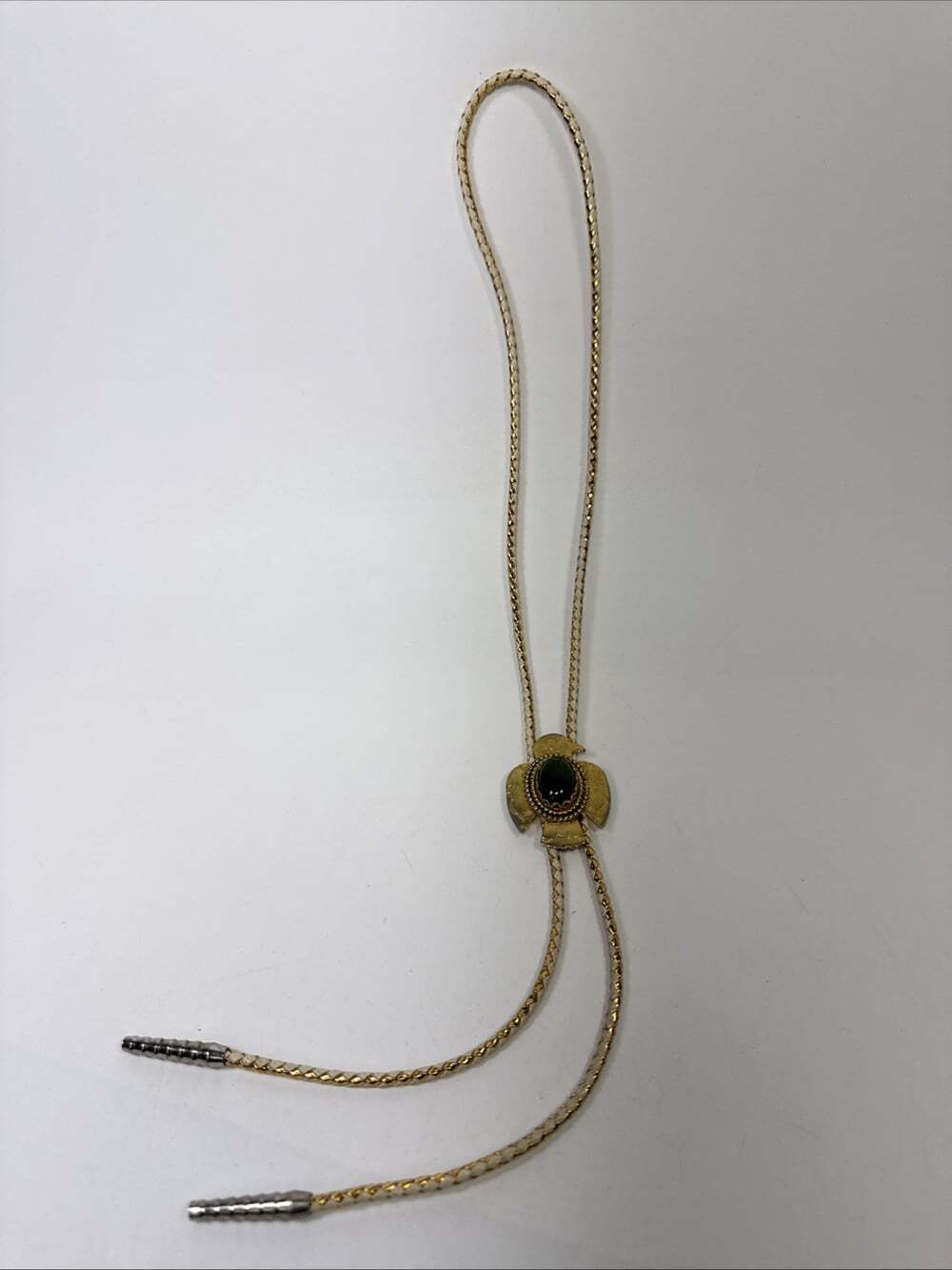 Vintage Thunderbird Bolo Tie Gold Tone Green Jade Stone Nugget Western Cowboy